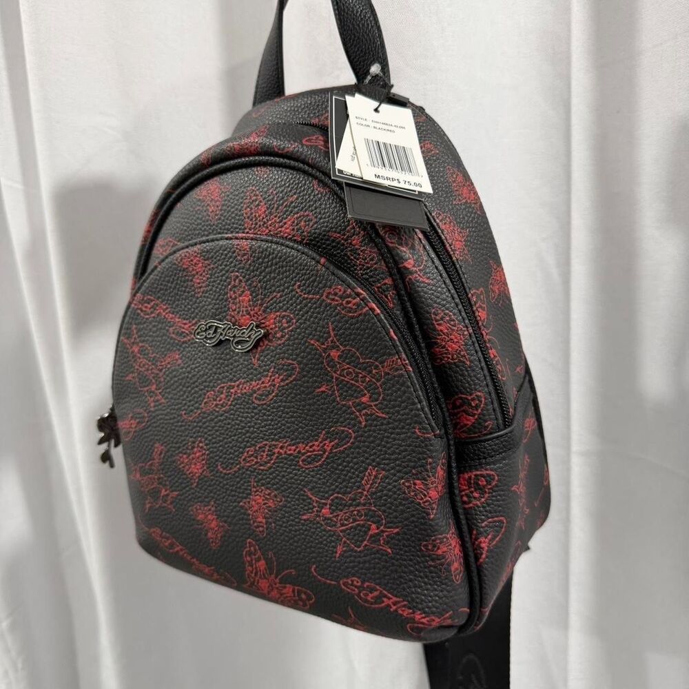 red and black ed hardy backpack with red butterfly and heart details - Picture 4 of 8